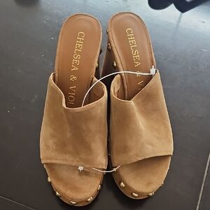 Chelsea & Violet Tan Suede Studded Slide Mules